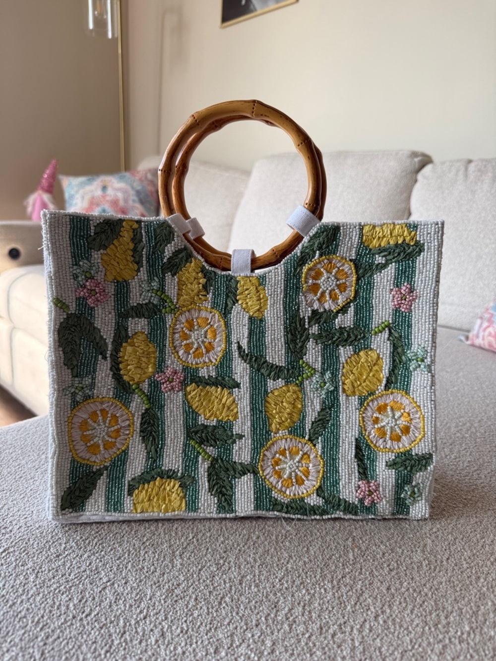 Beaded Lemon Tote Bag with Bamboo Handles - Yellow & Green